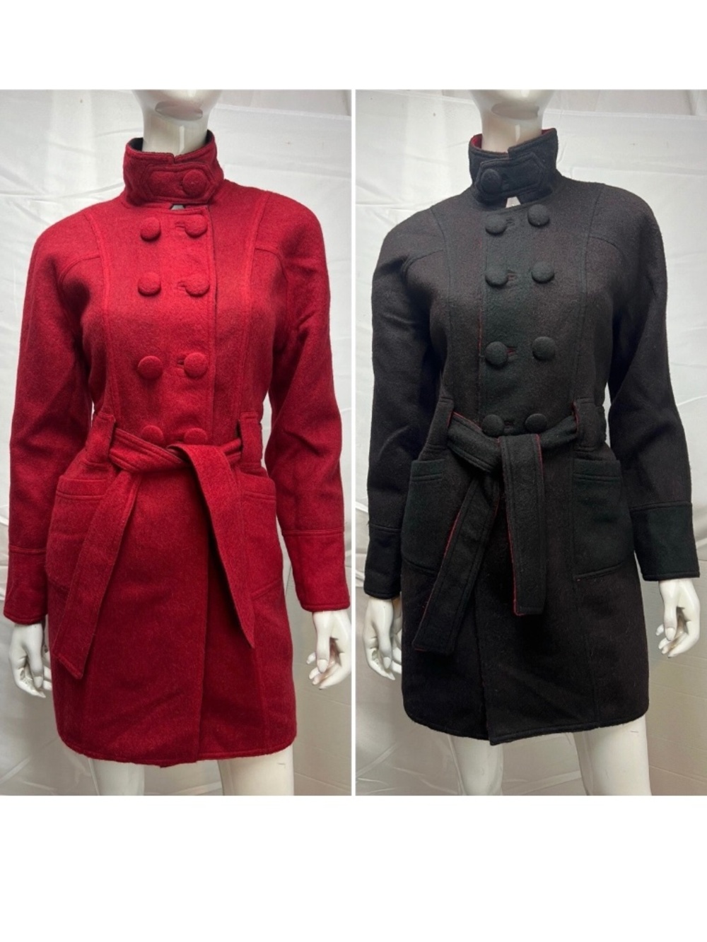 Goddess Godette S Baby Alpaca Black Red Reversible Belted Double Breasted Coat